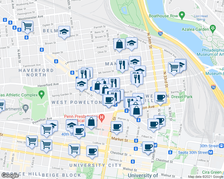 map of restaurants, bars, coffee shops, grocery stores, and more near 3812 Spring Garden Street in Philadelphia