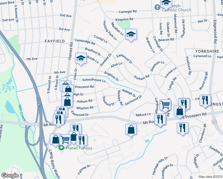 map of restaurants, bars, coffee shops, grocery stores, and more near 2560 Raleigh Drive in York