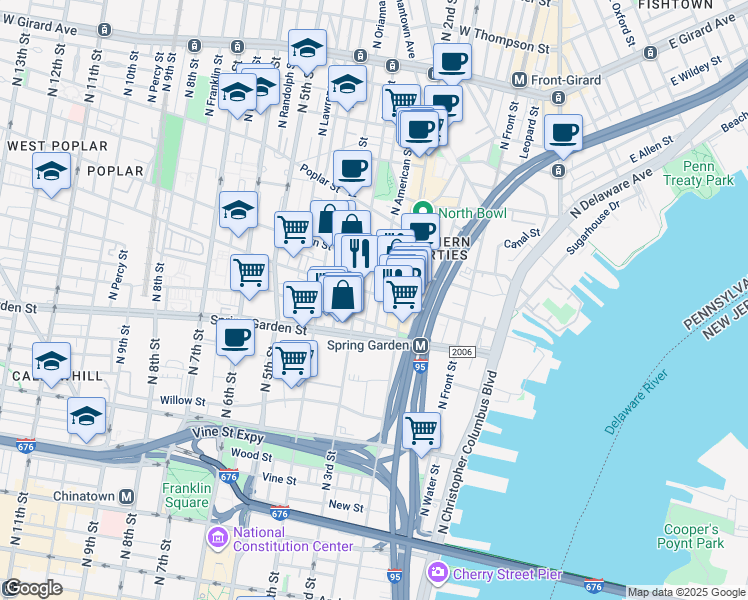 map of restaurants, bars, coffee shops, grocery stores, and more near 604 North American Street in Philadelphia