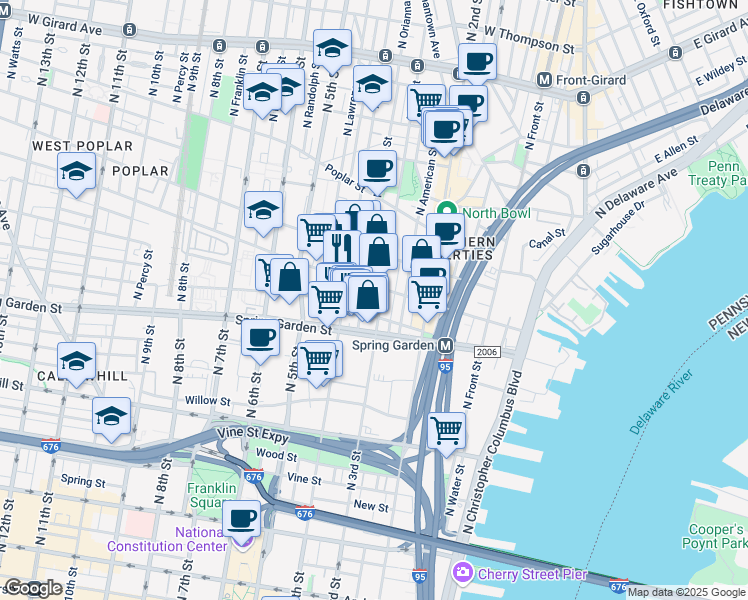 map of restaurants, bars, coffee shops, grocery stores, and more near 545 North Orianna Street in Philadelphia
