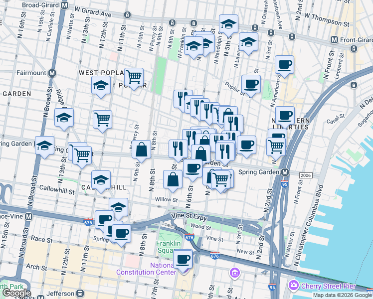 map of restaurants, bars, coffee shops, grocery stores, and more near 520 North 6th Street in Philadelphia