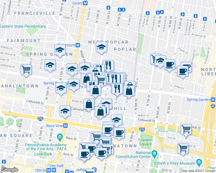 map of restaurants, bars, coffee shops, grocery stores, and more near 1034 Spring Garden Street in Philadelphia