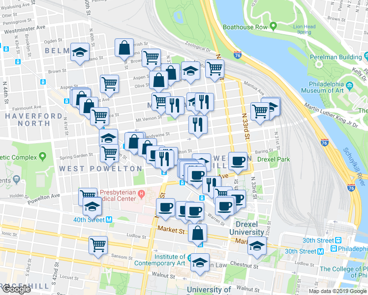 map of restaurants, bars, coffee shops, grocery stores, and more near 3616 Hamilton Street in Philadelphia