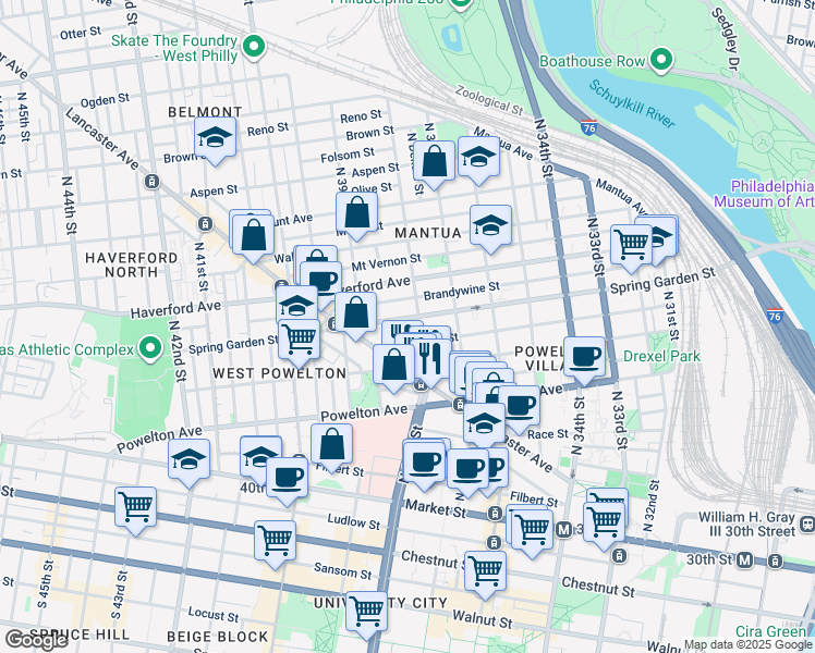 map of restaurants, bars, coffee shops, grocery stores, and more near 3812 Spring Garden Street in Philadelphia