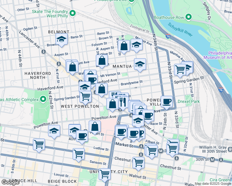 map of restaurants, bars, coffee shops, grocery stores, and more near 3827 Hamilton Street in Philadelphia