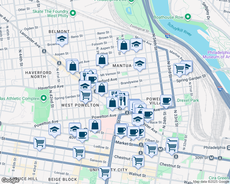 map of restaurants, bars, coffee shops, grocery stores, and more near 3827 Hamilton Street in Philadelphia