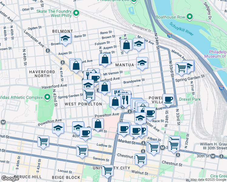 map of restaurants, bars, coffee shops, grocery stores, and more near 3827 Hamilton Street in Philadelphia