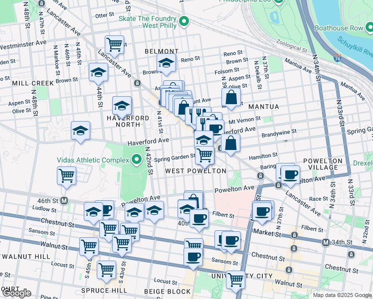 map of restaurants, bars, coffee shops, grocery stores, and more near 4038 Green Street in Philadelphia