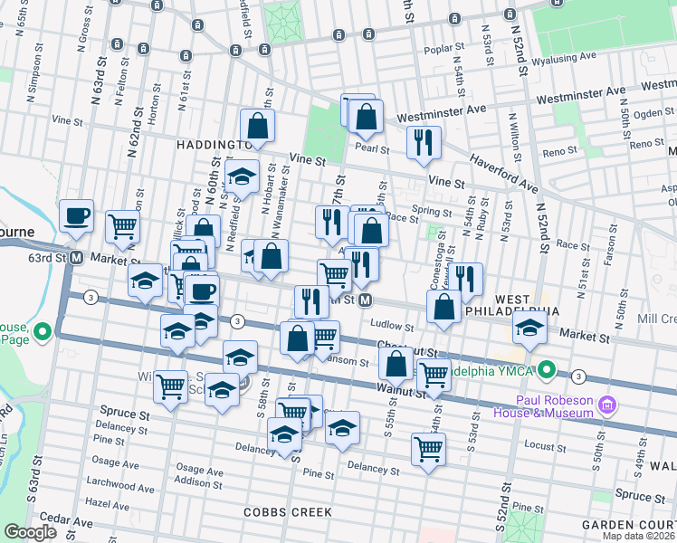 map of restaurants, bars, coffee shops, grocery stores, and more near 15 North Frazier Street in Philadelphia