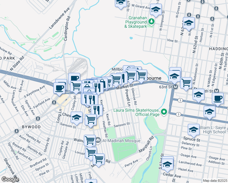 map of restaurants, bars, coffee shops, grocery stores, and more near 18 Marlborough Road in Delaware County