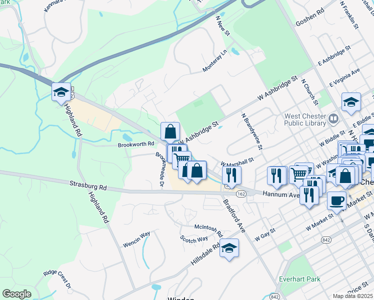 map of restaurants, bars, coffee shops, grocery stores, and more near 653 Downingtown Pike in West Chester