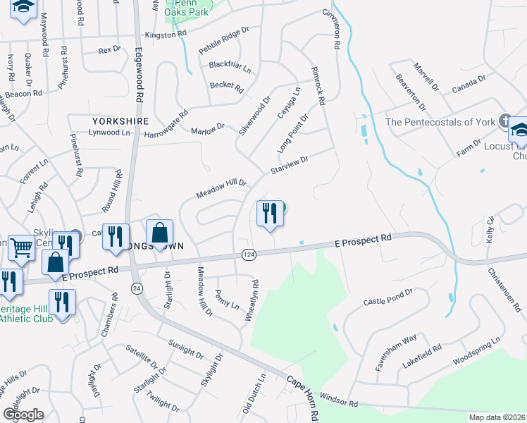 map of restaurants, bars, coffee shops, grocery stores, and more near 2985 East Prospect Road in York