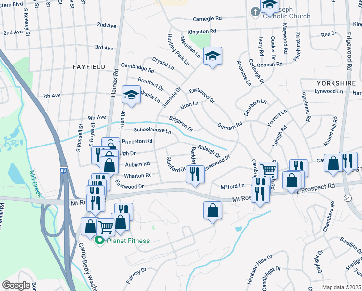 map of restaurants, bars, coffee shops, grocery stores, and more near 2560 Raleigh Drive in York
