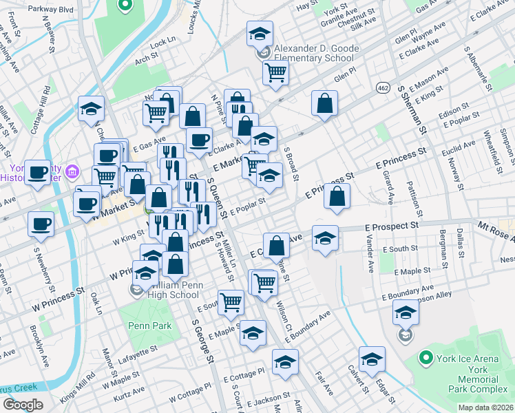 map of restaurants, bars, coffee shops, grocery stores, and more near in York