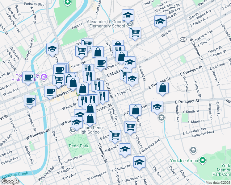 map of restaurants, bars, coffee shops, grocery stores, and more near 143 Susquehanna Avenue in York