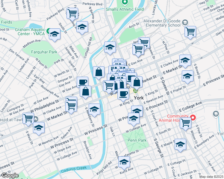 map of restaurants, bars, coffee shops, grocery stores, and more near 141 Pennsylvania 74 in York