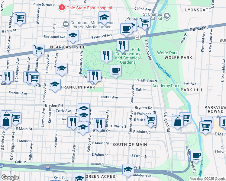 map of restaurants, bars, coffee shops, grocery stores, and more near 1636 Franklin Avenue in Columbus