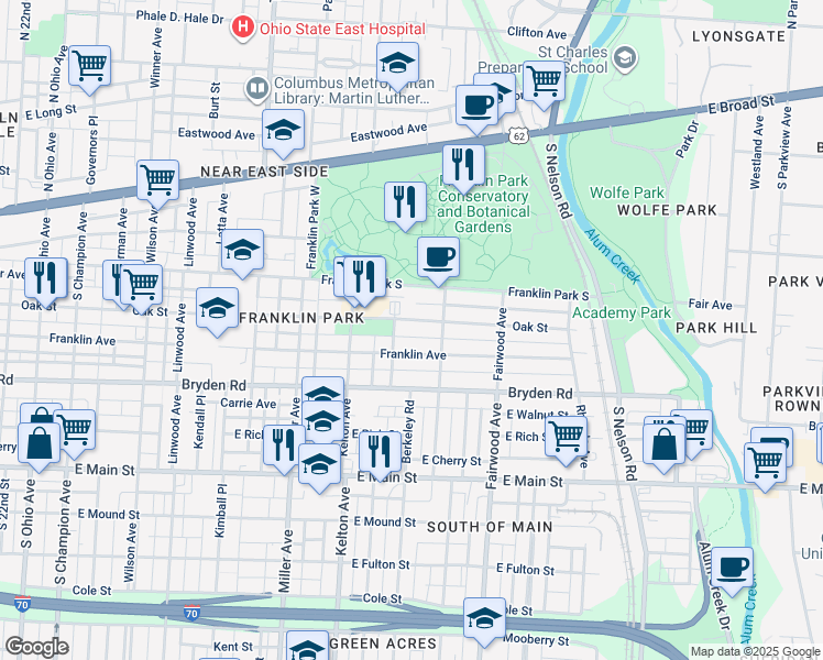 map of restaurants, bars, coffee shops, grocery stores, and more near 1636 Franklin Avenue in Columbus
