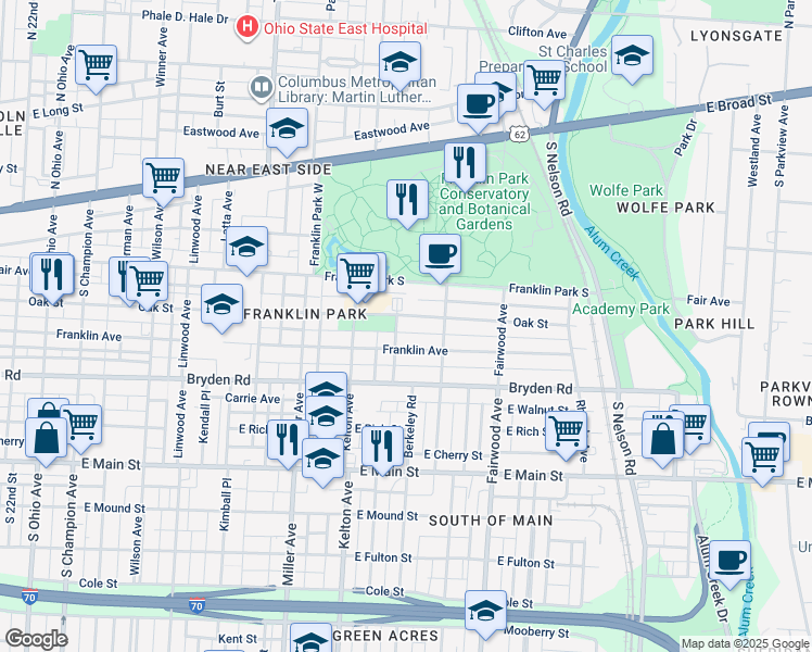 map of restaurants, bars, coffee shops, grocery stores, and more near 1636 Franklin Avenue in Columbus