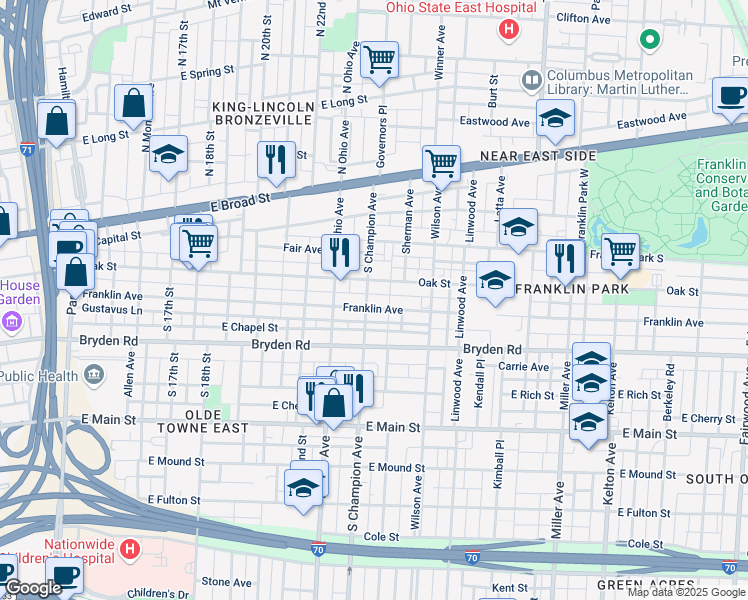 map of restaurants, bars, coffee shops, grocery stores, and more near 1139 Franklin Avenue in Columbus