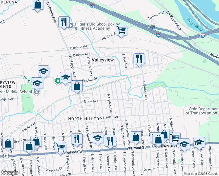 map of restaurants, bars, coffee shops, grocery stores, and more near 308 North Ogden Avenue in Columbus
