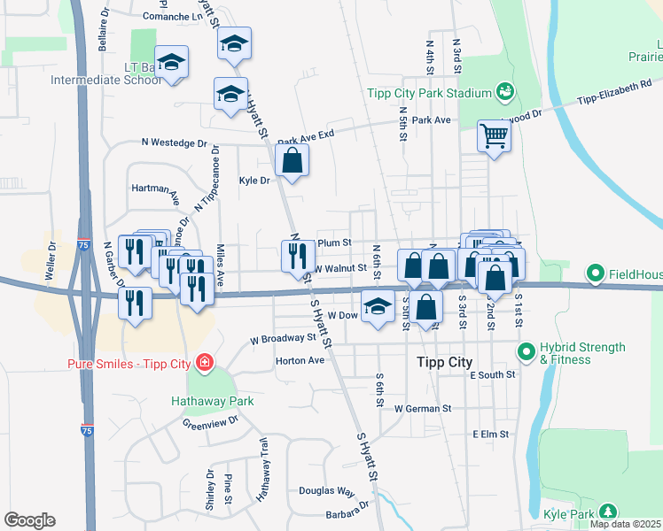map of restaurants, bars, coffee shops, grocery stores, and more near 423 West Walnut Street in Tipp City