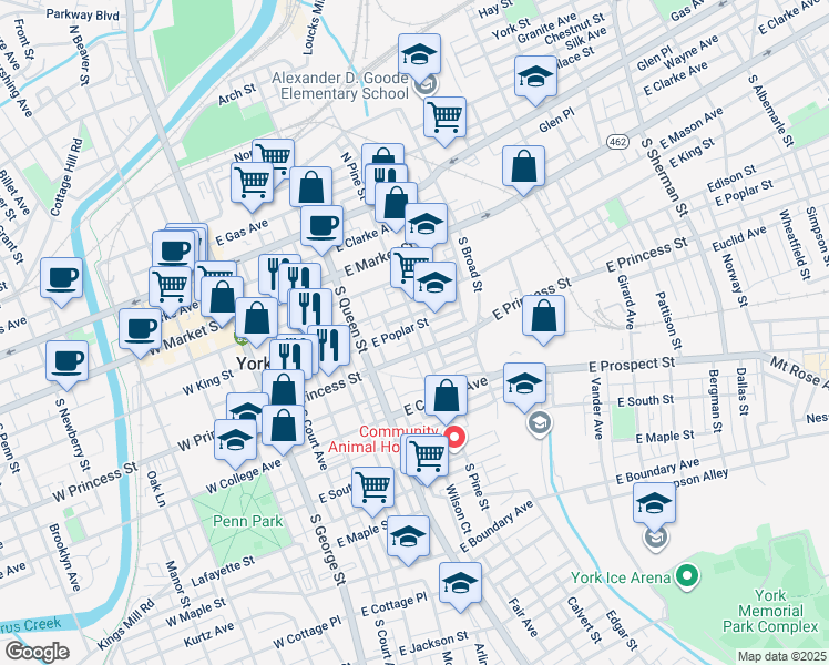 map of restaurants, bars, coffee shops, grocery stores, and more near in York