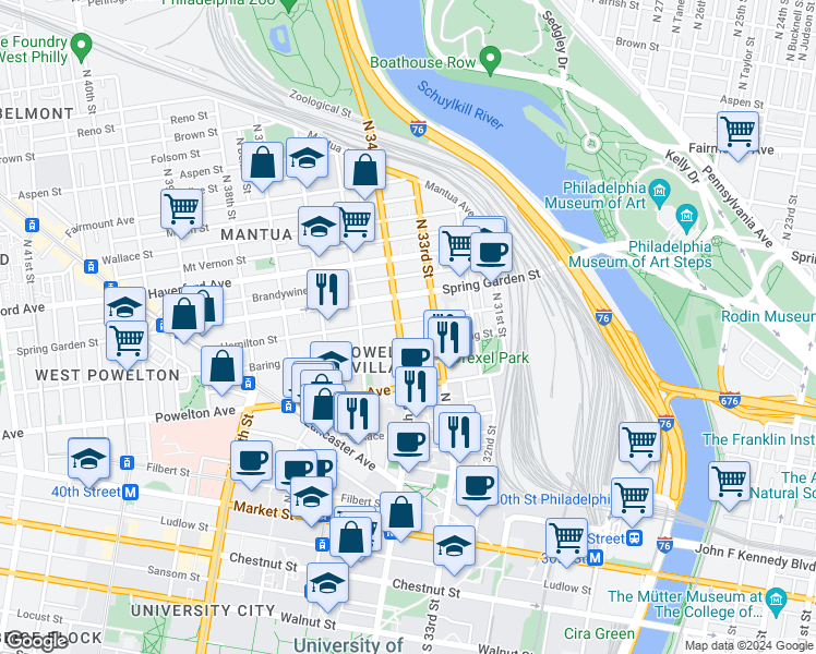 map of restaurants, bars, coffee shops, grocery stores, and more near 3312 Hamilton Street in Philadelphia