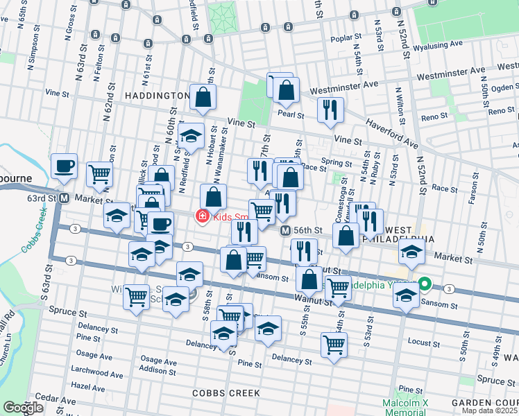 map of restaurants, bars, coffee shops, grocery stores, and more near 31 North 57th Street in Philadelphia