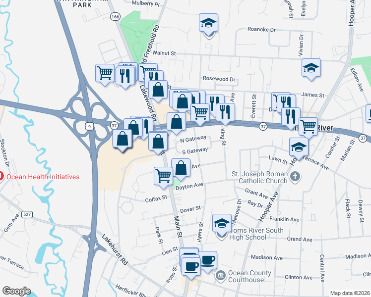 map of restaurants, bars, coffee shops, grocery stores, and more near 17 South Gateway in Toms River