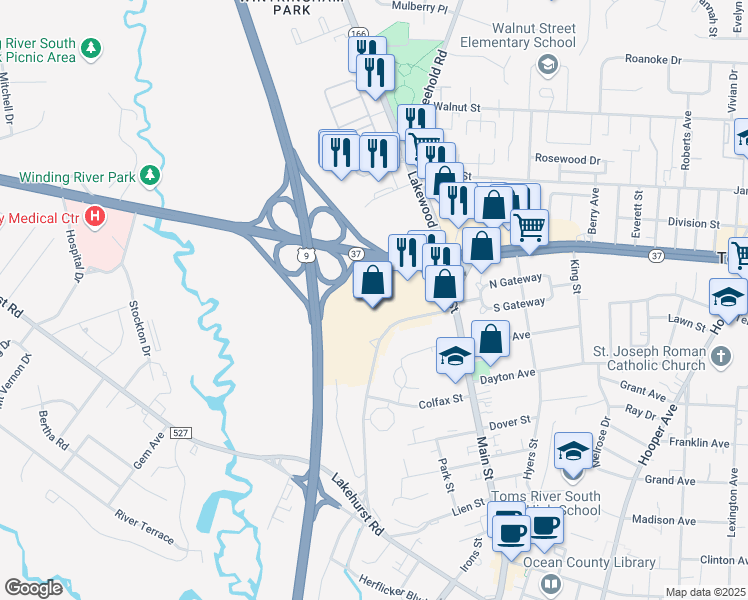 map of restaurants, bars, coffee shops, grocery stores, and more near 1 New Jersey 37 in Toms River