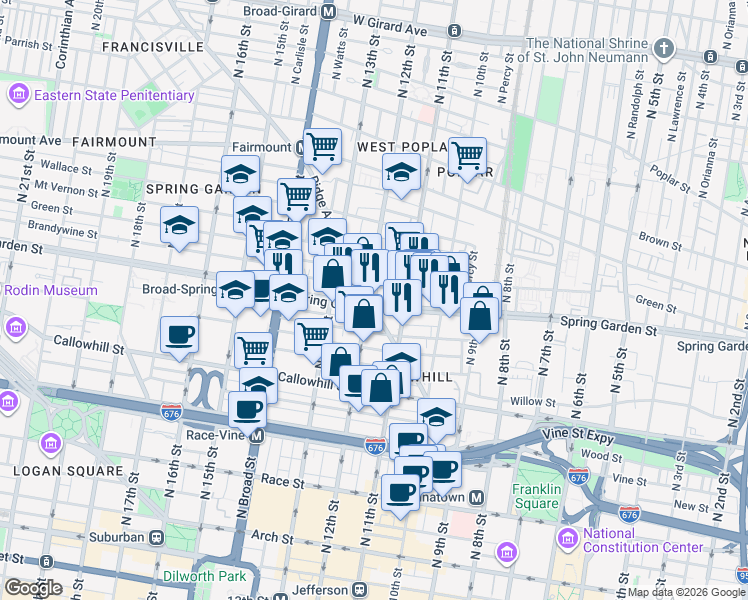 map of restaurants, bars, coffee shops, grocery stores, and more near in Philadelphia