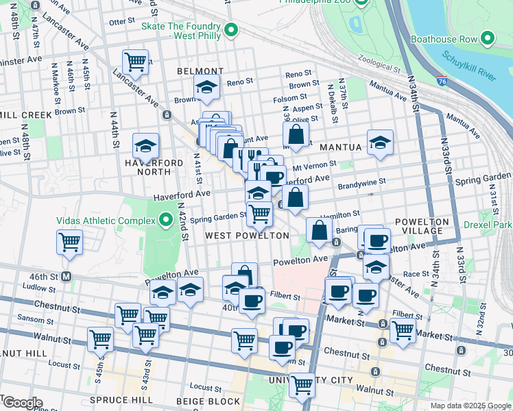 map of restaurants, bars, coffee shops, grocery stores, and more near 509 North 40th Street in Philadelphia
