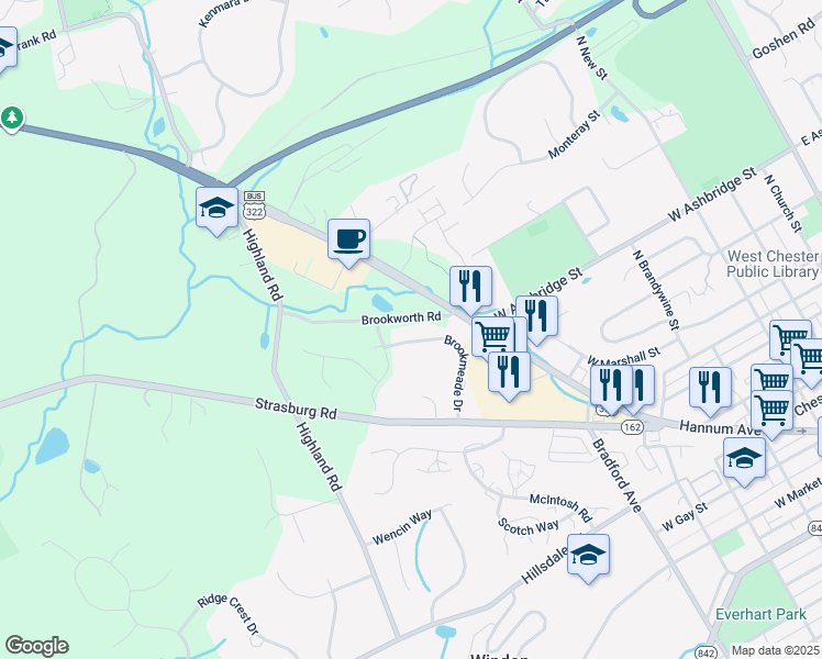 map of restaurants, bars, coffee shops, grocery stores, and more near 413 Brookmeade Drive in West Chester