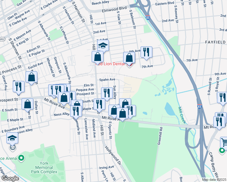 map of restaurants, bars, coffee shops, grocery stores, and more near 1419 East Prospect Street in York