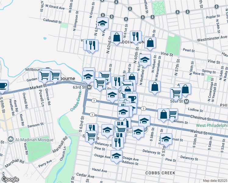 map of restaurants, bars, coffee shops, grocery stores, and more near 6104 Market Street in Philadelphia