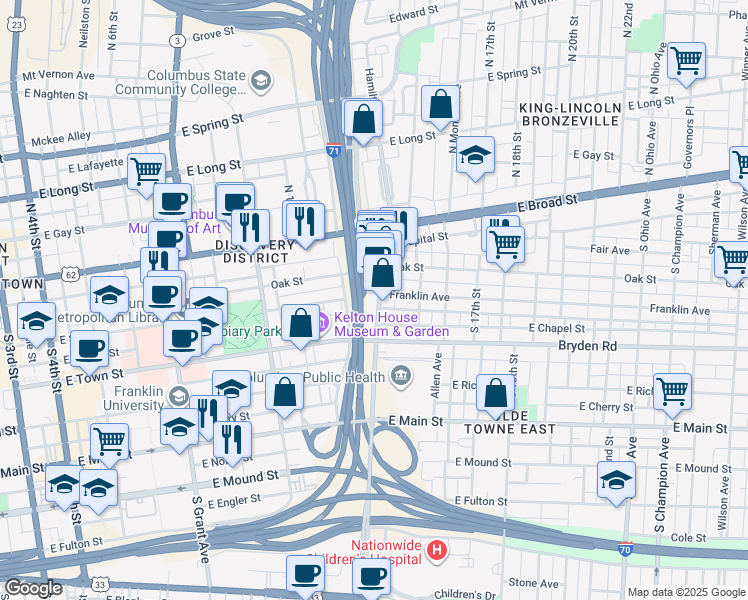 map of restaurants, bars, coffee shops, grocery stores, and more near 122 Parsons Avenue in Columbus