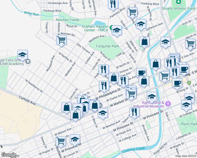 map of restaurants, bars, coffee shops, grocery stores, and more near 221 North Hartley Street in York