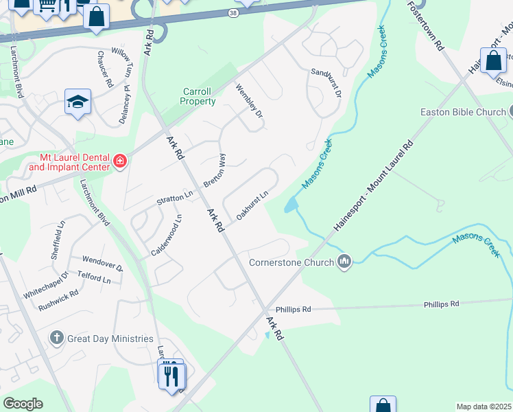 map of restaurants, bars, coffee shops, grocery stores, and more near 12 Oakhurst Lane in Mount Laurel Township