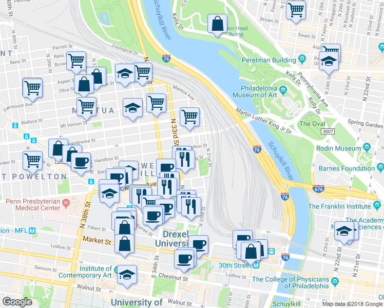 map of restaurants, bars, coffee shops, grocery stores, and more near 406 North 32nd Street in Philadelphia