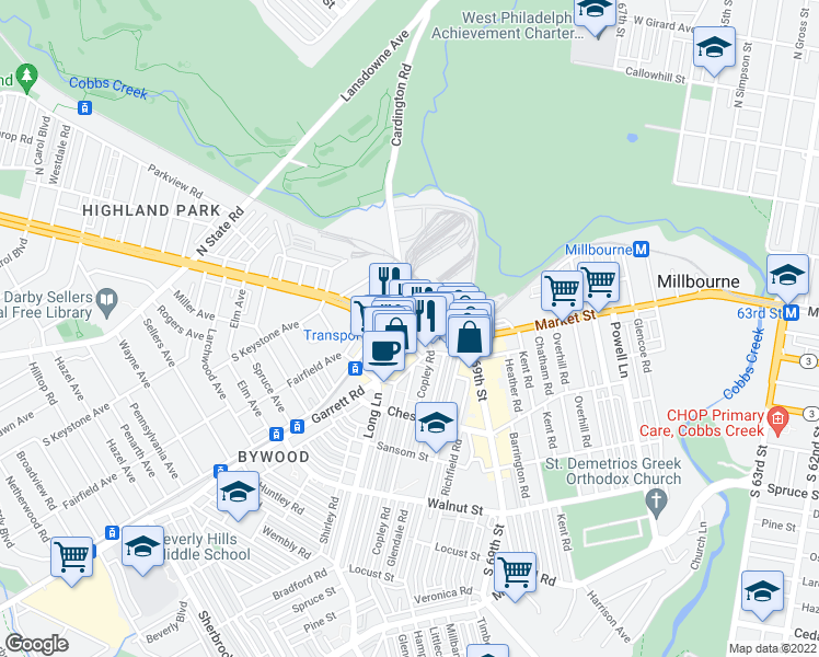 map of restaurants, bars, coffee shops, grocery stores, and more near 10323 Market Street in Upper Darby