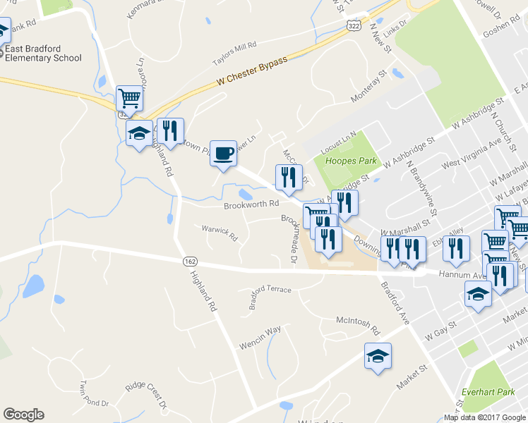 map of restaurants, bars, coffee shops, grocery stores, and more near 413 Brookmeade Drive in West Chester
