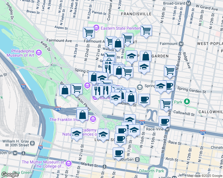 map of restaurants, bars, coffee shops, grocery stores, and more near 411 North 20th Street in Philadelphia