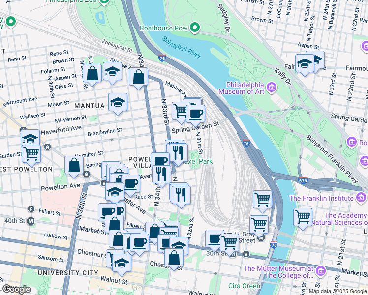 map of restaurants, bars, coffee shops, grocery stores, and more near 406 North 32nd Street in Philadelphia