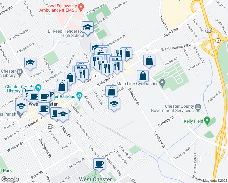 map of restaurants, bars, coffee shops, grocery stores, and more near 519 East Barnard Street in West Chester