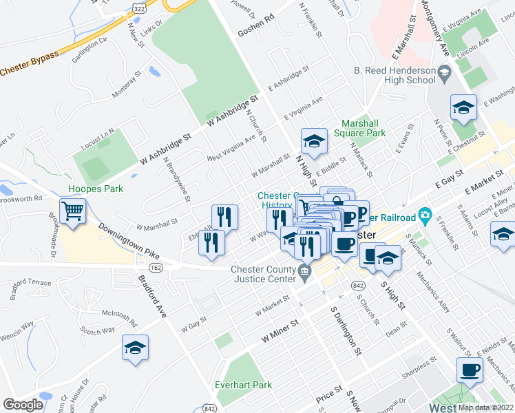map of restaurants, bars, coffee shops, grocery stores, and more near 223 West Biddle Street in West Chester
