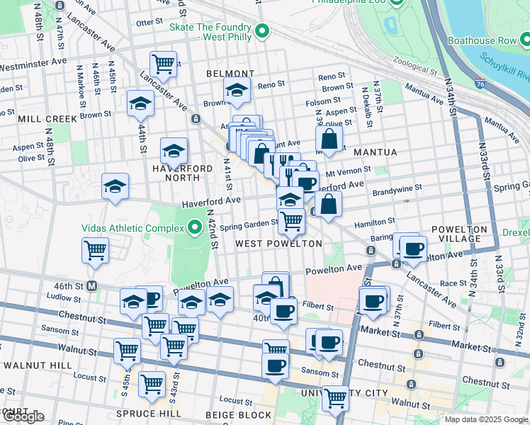 map of restaurants, bars, coffee shops, grocery stores, and more near 4038 Green Street in Philadelphia