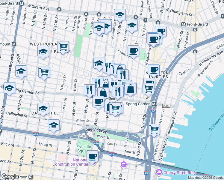map of restaurants, bars, coffee shops, grocery stores, and more near in Philadelphia