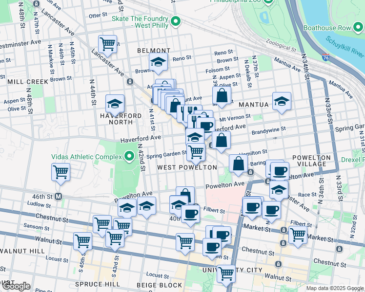 map of restaurants, bars, coffee shops, grocery stores, and more near 4024 Green Street in Philadelphia