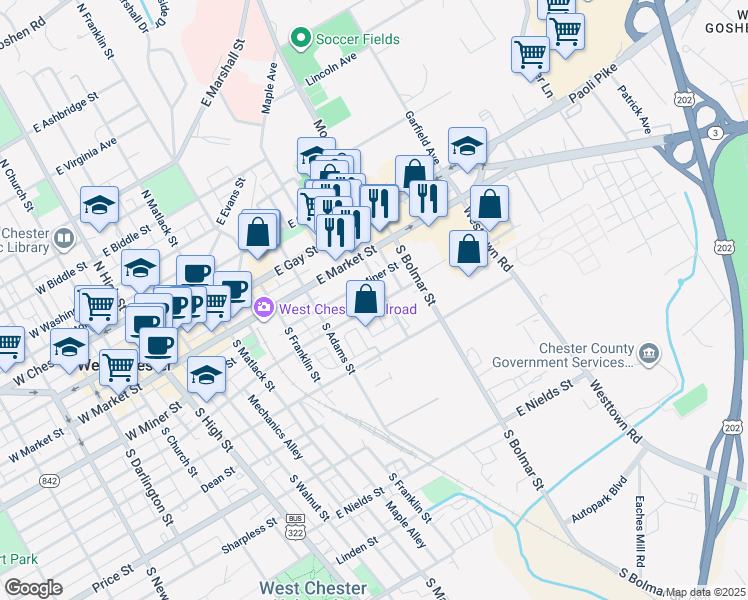 map of restaurants, bars, coffee shops, grocery stores, and more near 519 East Barnard Street in West Chester